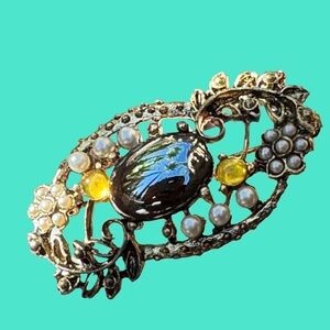 🌼 Vintage Floral Filigree Brooch with Faux Pearls & Amber Yellow Accents